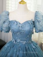 A-Line Tulle Lace Gray Blue Long Formal Prom Dress, Gray Blue Long Sweet 16 Dress