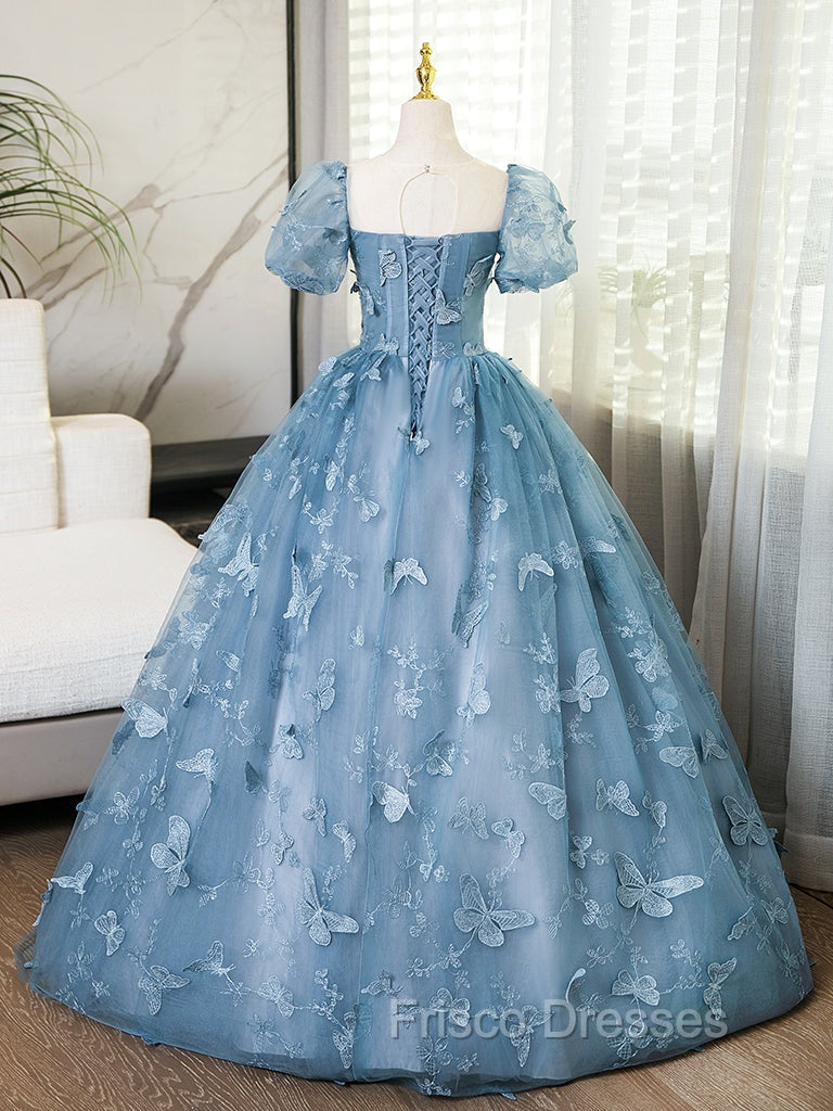 A-Line Tulle Lace Gray Blue Long Formal Prom Dress, Gray Blue Long Sweet 16 Dress
