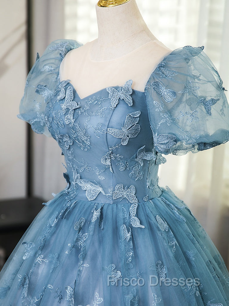 A-Line Tulle Lace Gray Blue Long Formal Prom Dress, Gray Blue Long Sweet 16 Dress