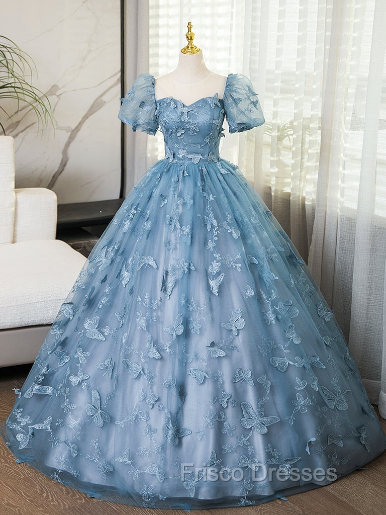 A-Line Tulle Lace Gray Blue Long Formal Prom Dress, Gray Blue Long Sweet 16 Dress