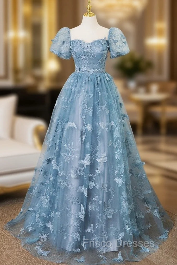 A-Line Tulle Lace Gray Blue Long Formal Prom Dress, Gray Blue Long Sweet 16 Dress