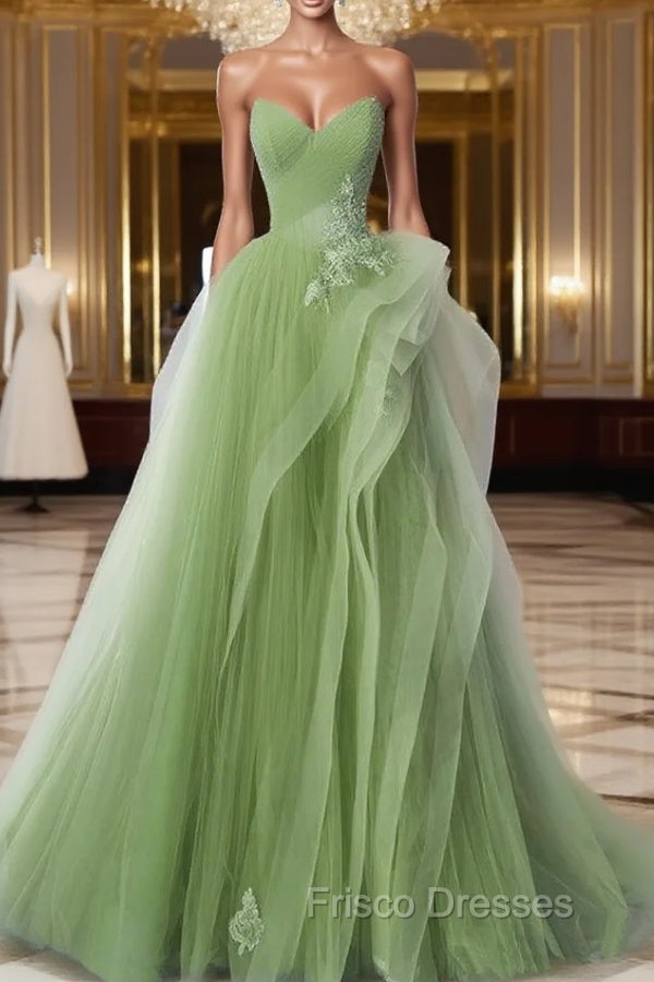 A-Line Tulle Lace Green Long Formal Prom Dress, Green lace Long Formal Dress
