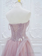 A-Line Tulle Lace Pink Long Prom Dress, Pink Tulle Lace Long Formal Dress