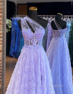 A-Line Tulle Lace Purple Long Formal Prom Dress, Purple Long Formal Dress