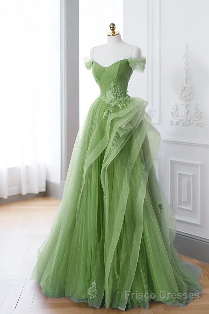 A-Line Tulle Lace Sage Green Long Prom Dress Secondary image