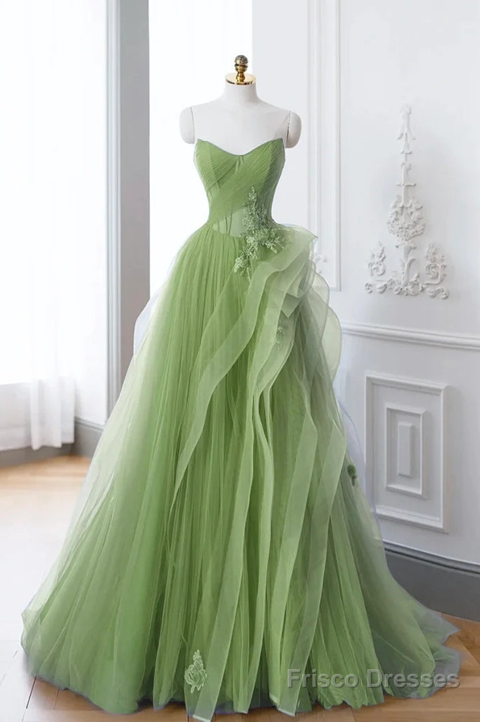 A-Line Tulle Lace Sage Green Long Prom Dress