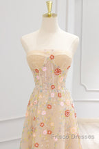 A-Line Tulle Lace Sequin Champagne Long Formal Prom Dress, Champagne Long Formal Dress