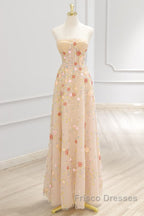 A-Line Tulle Lace Sequin Champagne Long Formal Prom Dress, Champagne Long Formal Dress