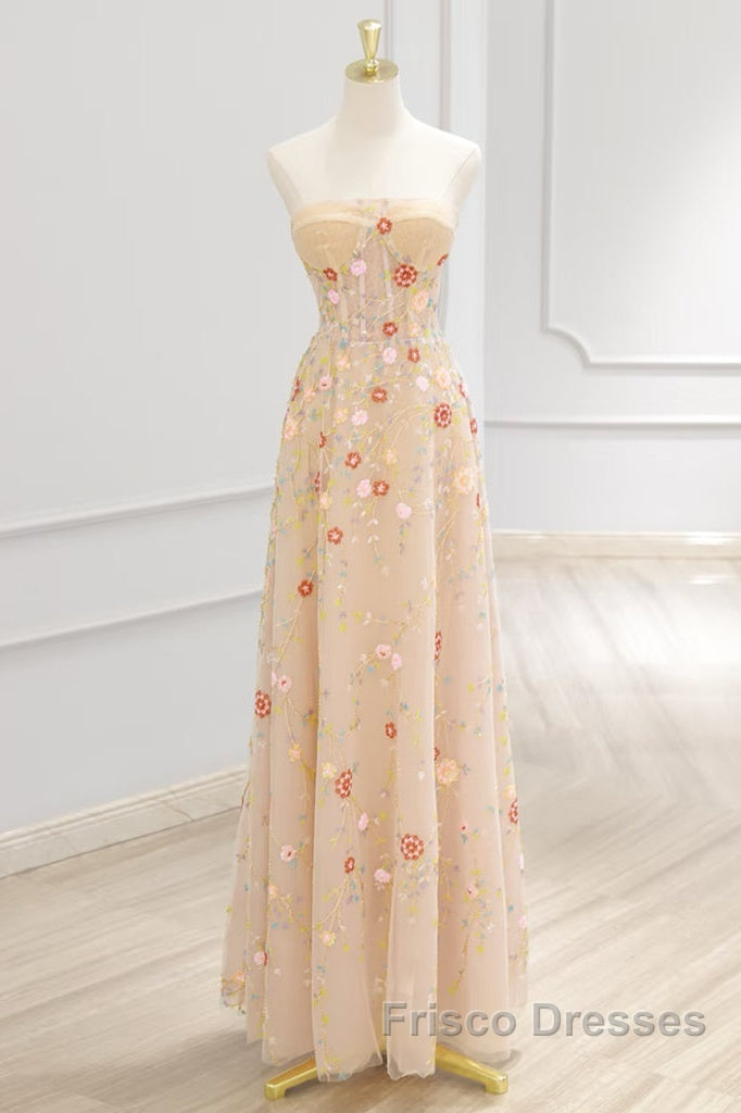 A-Line Tulle Lace Sequin Champagne Long Formal Prom Dress, Champagne Long Formal Dress