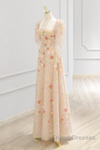 A-Line Tulle Lace Sequin Champagne Long Formal Prom Dress, Champagne Long Formal Dress