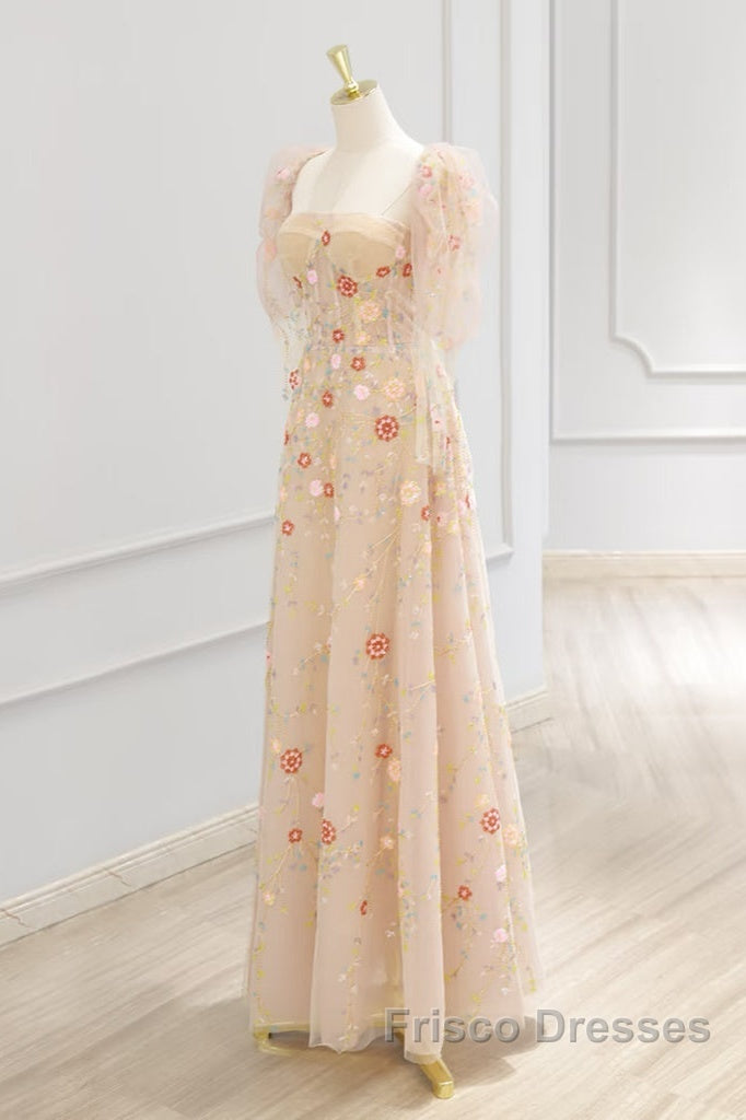 A-Line Tulle Lace Sequin Champagne Long Formal Prom Dress, Champagne Long Formal Dress