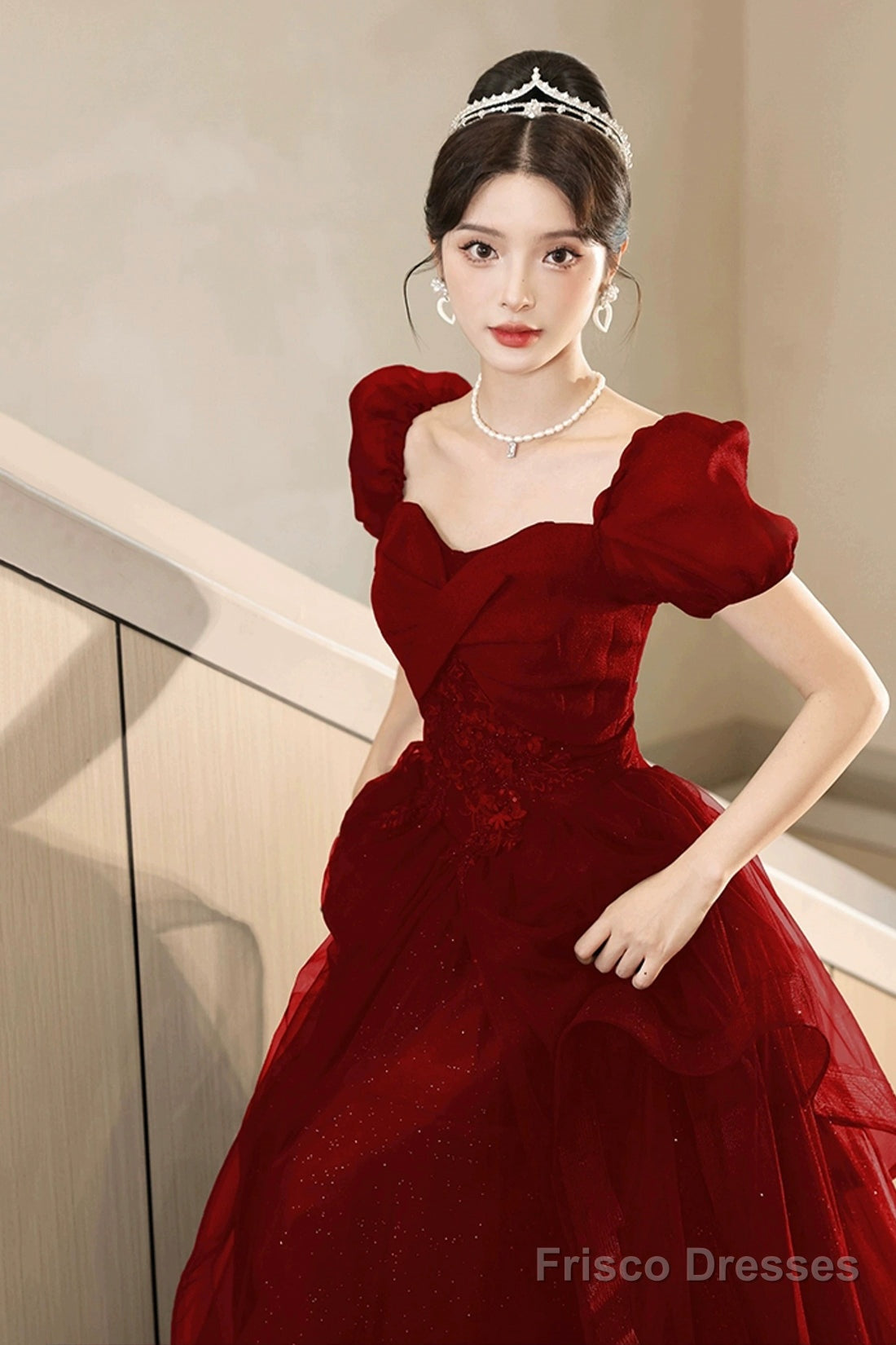A-Line Tulle Lace Short Sleeve Prom Dress, Lovely Floor Length Evening Party Dress Secondary image