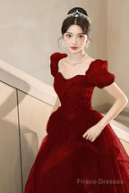 A-Line Tulle Lace Short Sleeve Prom Dress, Lovely Floor Length Evening Party Dress