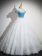 A-Line Tulle Lace White/Blue Long Formal Prom Dress, White/Blue Long Formal Dress