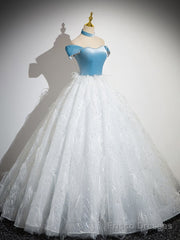 A-Line Tulle Lace White/Blue Long Prom Dress, White/Blue Long Evening Dress