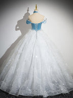 A-Line Tulle Lace White/Blue Long Formal Prom Dress, White/Blue Long Formal Dress