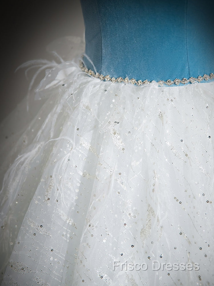 A-Line Tulle Lace White/Blue Long Formal Prom Dress, White/Blue Long Formal Dress