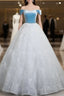 A-Line Tulle Lace White/Blue Long Formal Prom Dress, White/Blue Long Formal Dress