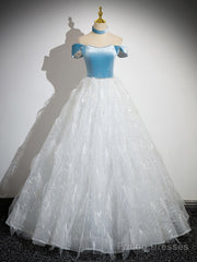 A-Line Tulle Lace White/Blue Long Prom Dress, White/Blue Long Evening Dress