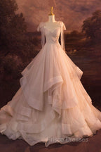 A-Line Tulle Layers Long Formal Dress, Spaghetti Straps Party Dress with Bow