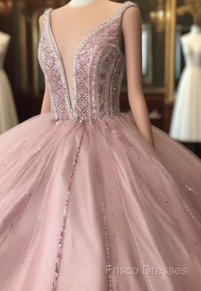 A-Line Tulle Long Formal Dress Pink Formal Prom Dress, Main image