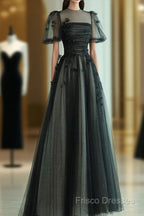 A Line Tulle Long Formal Prom Dress Black Formal Dress