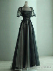A Line Tulle Long Prom Dress Black Formal Evening Dress
