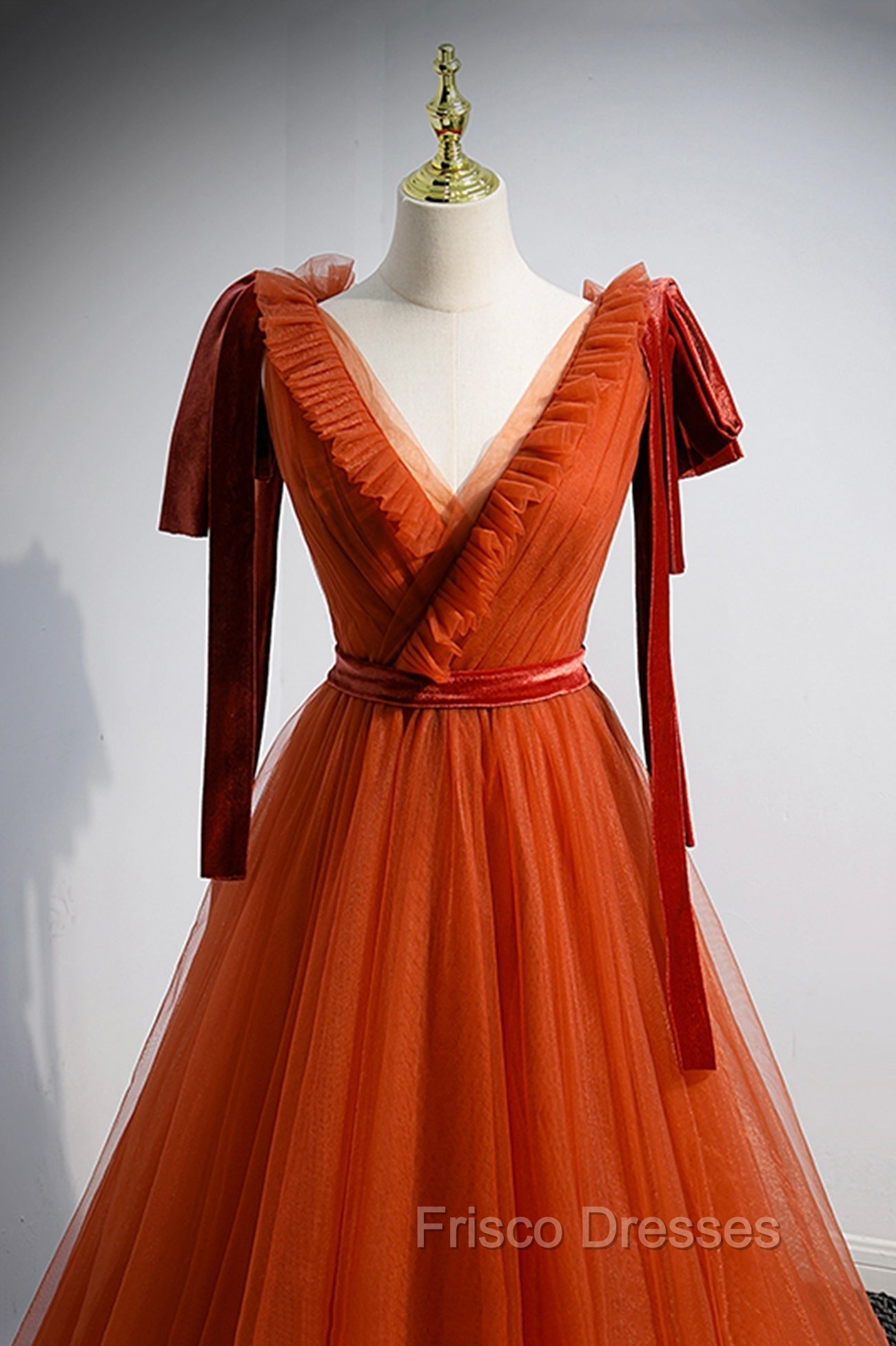 A-Line Tulle Long Formal Prom Dress, Orange V-Neck Long Simple Evening Dress