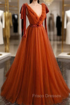 A-Line Tulle Long Formal Prom Dress, Orange V-Neck Long Simple Evening Dress