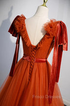 A-Line Tulle Long Formal Prom Dress, Orange V-Neck Long Simple Evening Dress