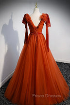 A-Line Tulle Long Formal Prom Dress, Orange V-Neck Long Simple Evening Dress