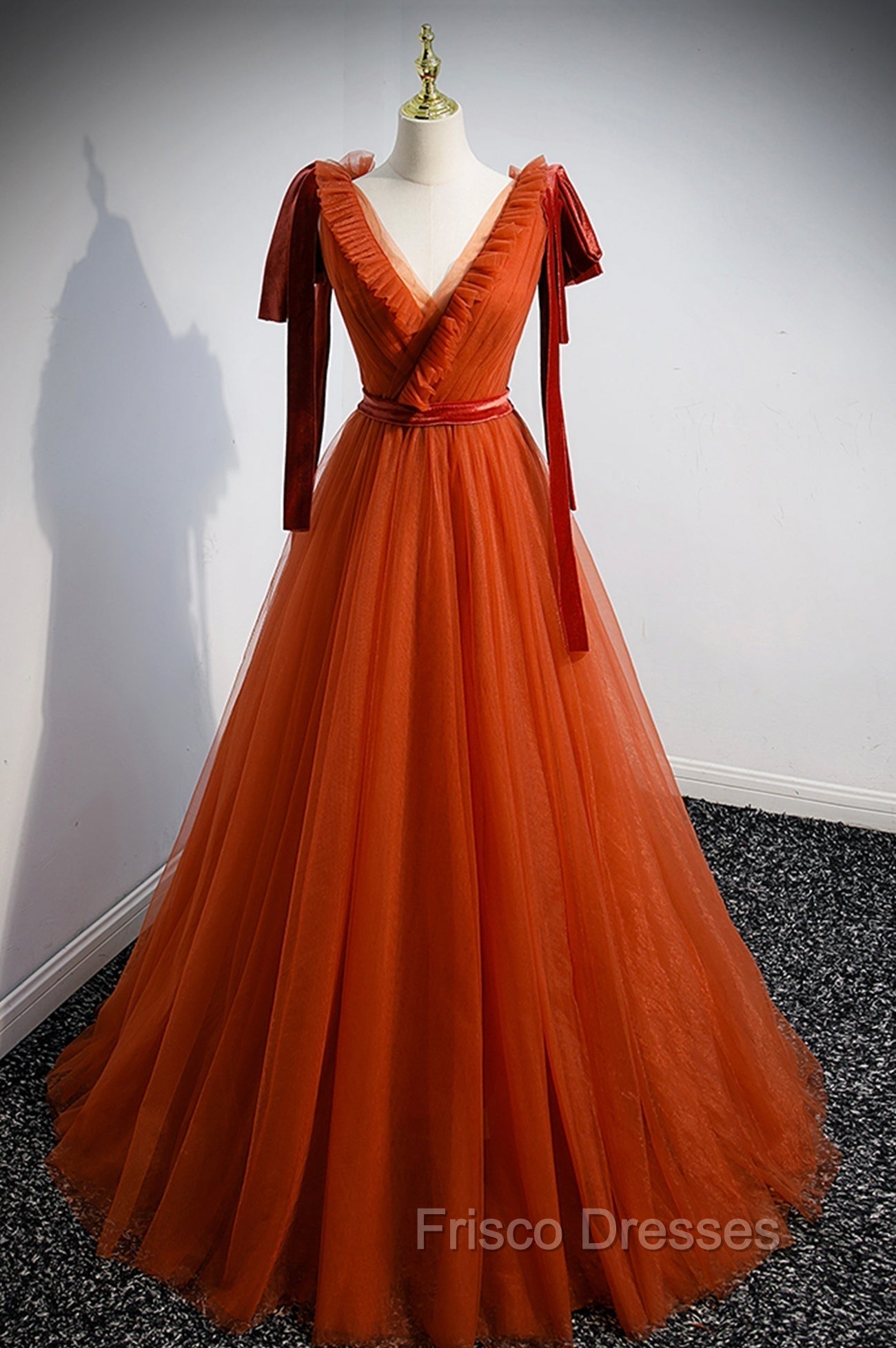 A-Line Tulle Long Formal Prom Dress, Orange V-Neck Long Simple Evening Dress Main image