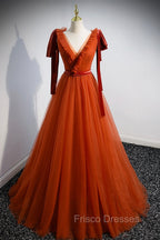A-Line Tulle Long Formal Prom Dress, Orange V-Neck Long Simple Evening Dress
