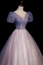 A-Line Tulle Long Formal Prom Dress with Beaded, Blue Short Sleeve Evening Dress