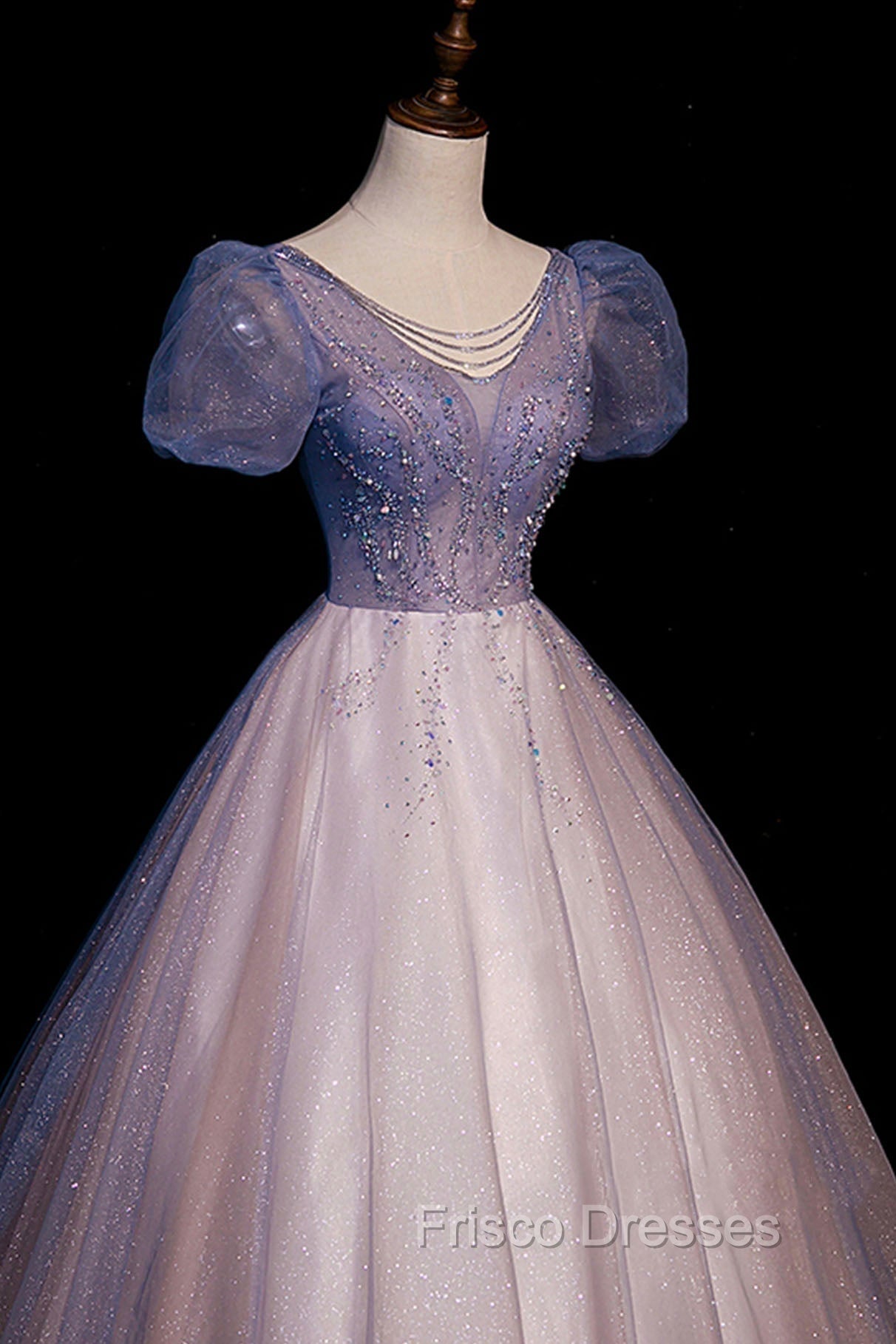 A-Line Tulle Long Formal Prom Dress with Beaded, Blue Short Sleeve Evening Dress