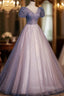 A-Line Tulle Long Formal Prom Dress with Beaded, Blue Short Sleeve Evening Dress