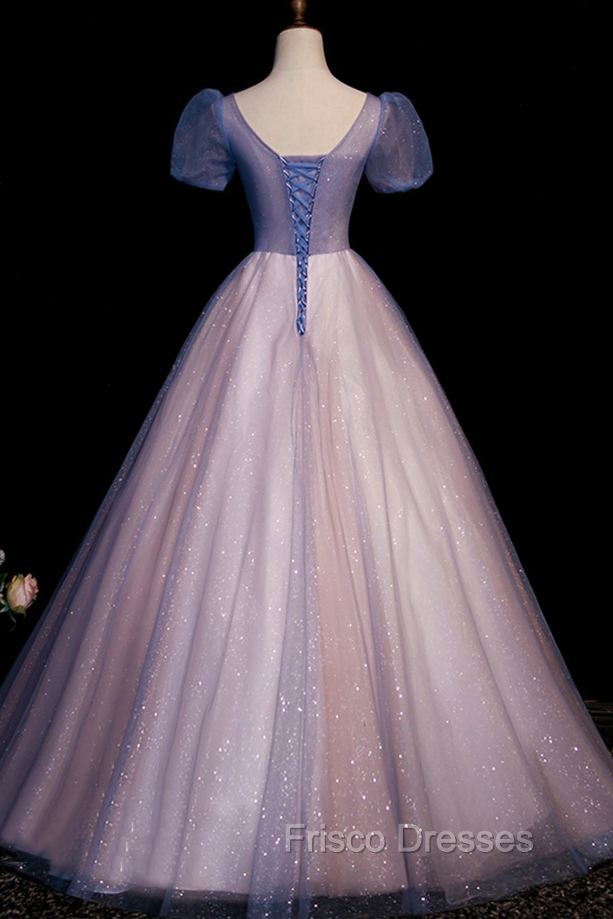 A-Line Tulle Long Formal Prom Dress with Beaded, Blue Short Sleeve Evening Dress