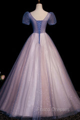 A-Line Tulle Long Formal Prom Dress with Beaded, Blue Short Sleeve Evening Dress