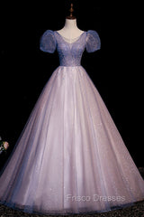 A-Line Tulle Long Formal Prom Dress with Beaded, Blue Short Sleeve Evening Dress