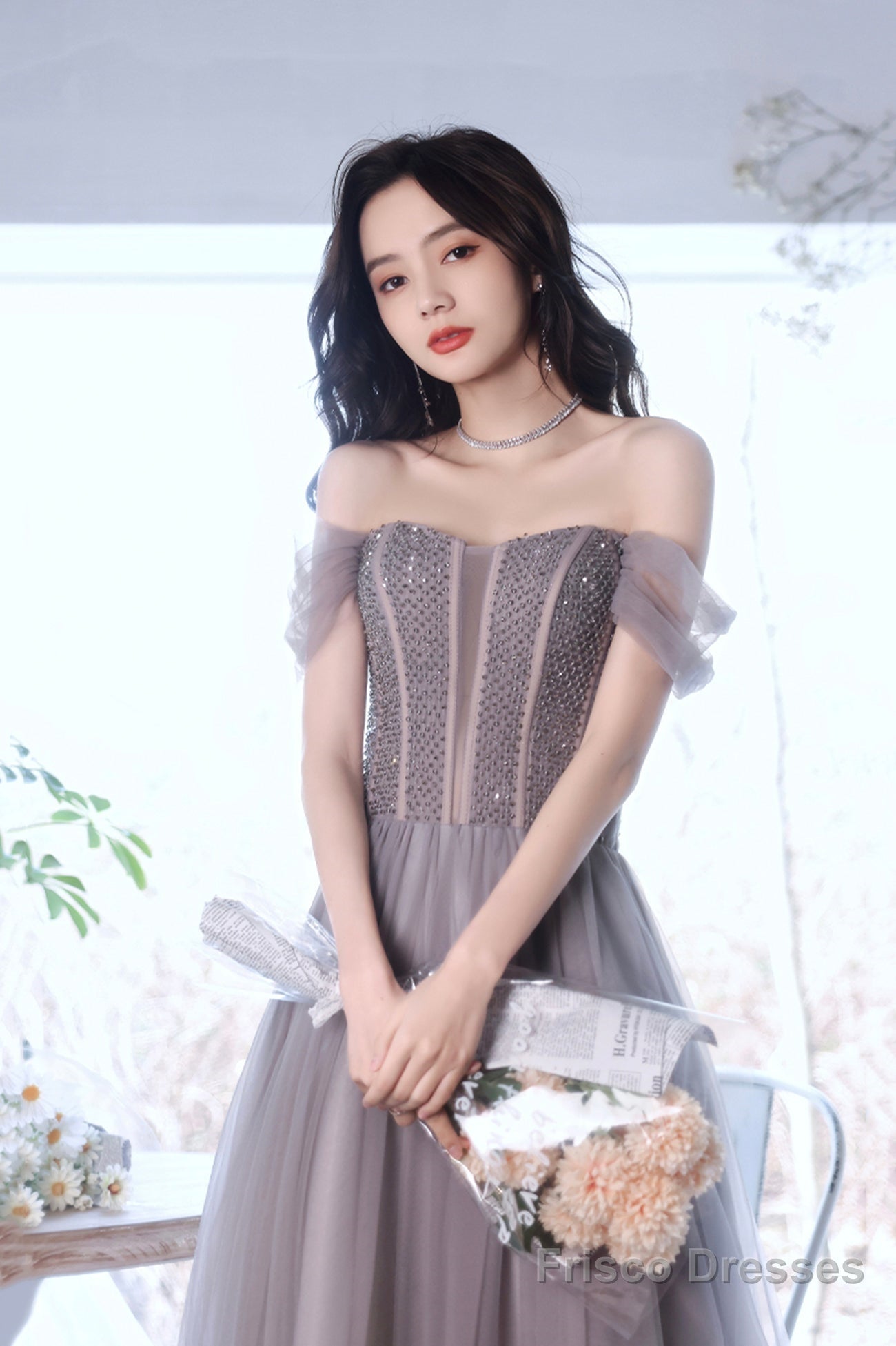 A-Line Tulle Long Prom Dress With Beaded, Purple Evening Graduation Dress Secondary image