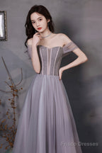 A-Line Tulle Long Prom Dress With Beaded, Purple Evening Graduation Dress