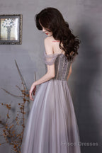 A-Line Tulle Long Prom Dress With Beaded, Purple Evening Graduation Dress