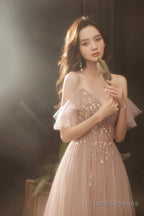 A-Line Tulle Long Prom Dress With Beaded, V-Neck Spaghetti Straps Evening Dress