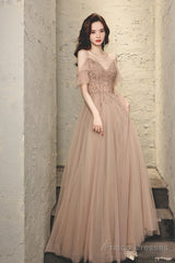 A-Line Tulle Long Prom Dress With Beaded, V-Neck Spaghetti Straps Evening Dress