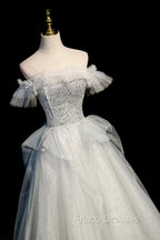 A-Line Tulle Long Formal Prom Dress with Beading