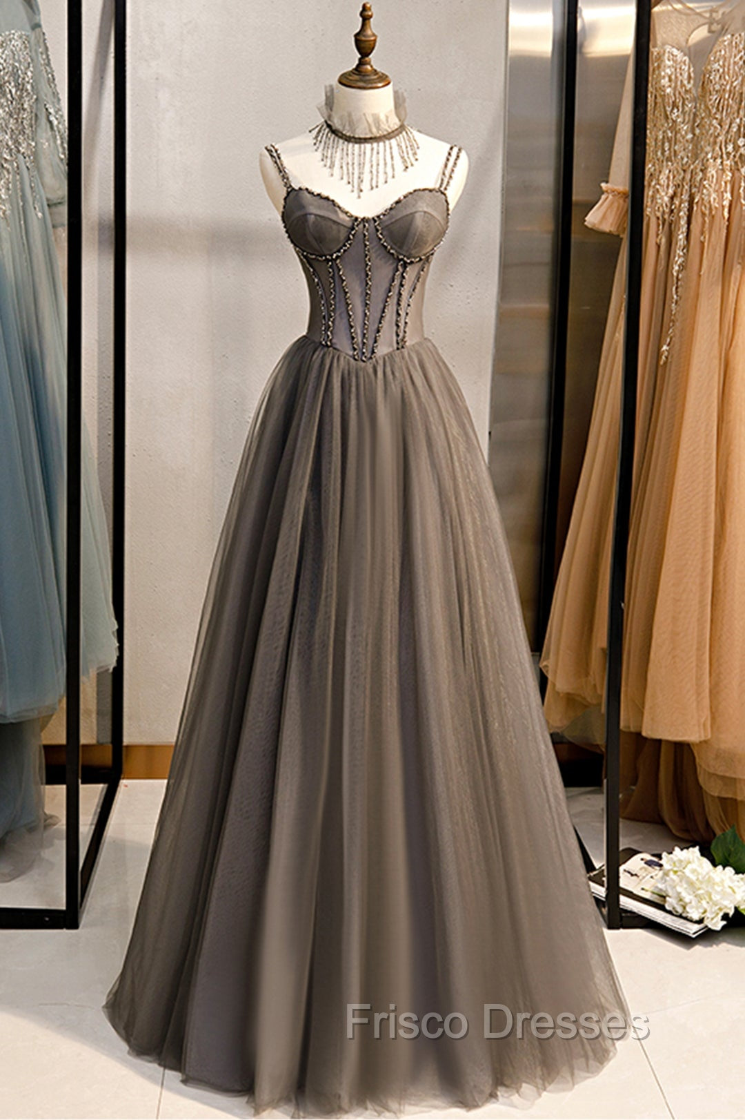 A-Line Tulle Long Formal Prom Dress with Beading, Cute Evening Party Dress Main image