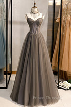 A-Line Tulle Long Formal Prom Dress with Beading, Cute Evening Party Dress