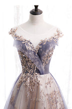 A-Line Tulle Long Formal Prom Dress with Sequins, Cute Scoop Neckline Evening Dress