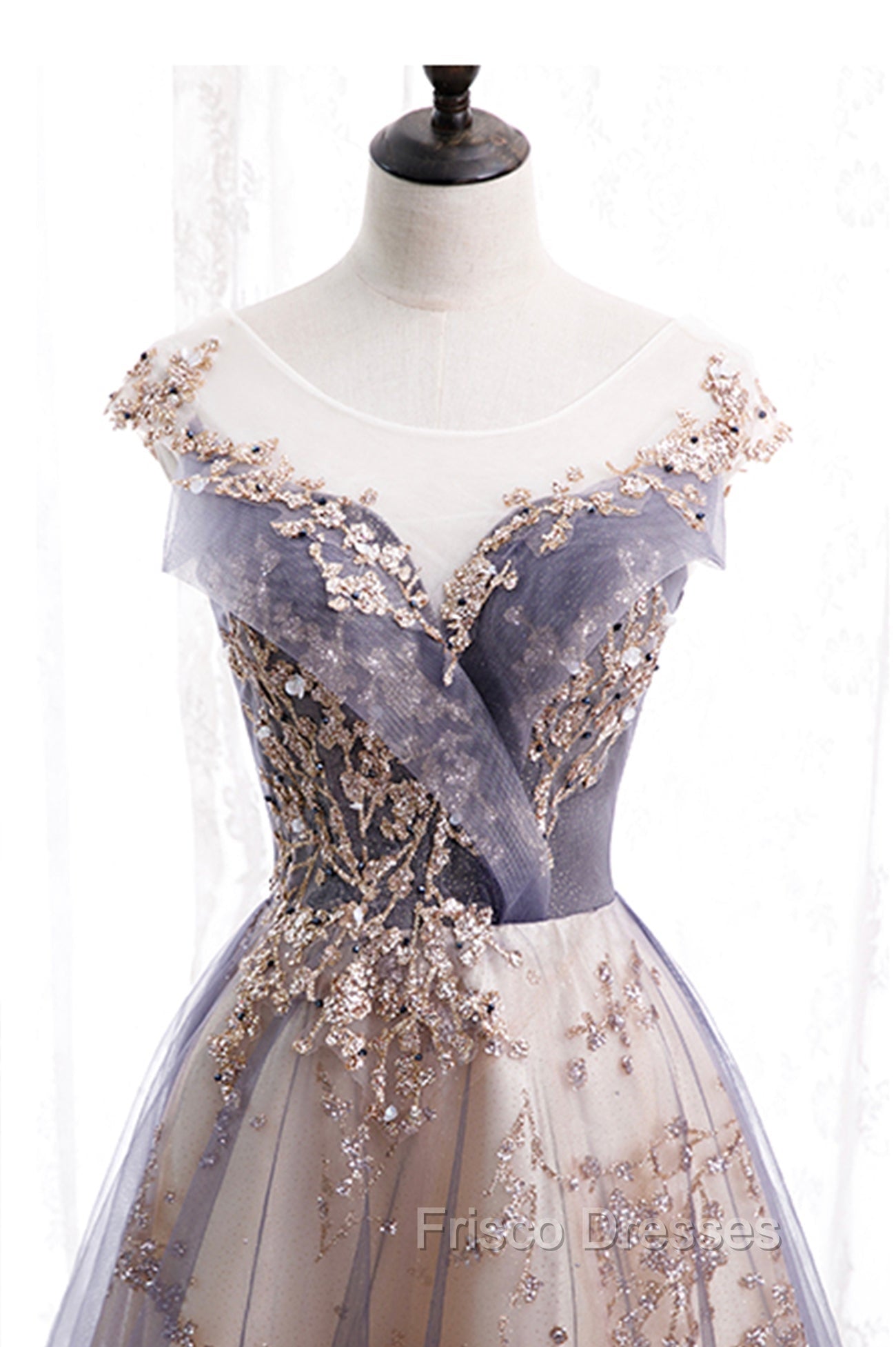 A-Line Tulle Long Formal Prom Dress with Sequins, Cute Scoop Neckline Evening Dress