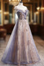 A-Line Tulle Long Formal Prom Dress with Sequins, Cute Scoop Neckline Evening Dress